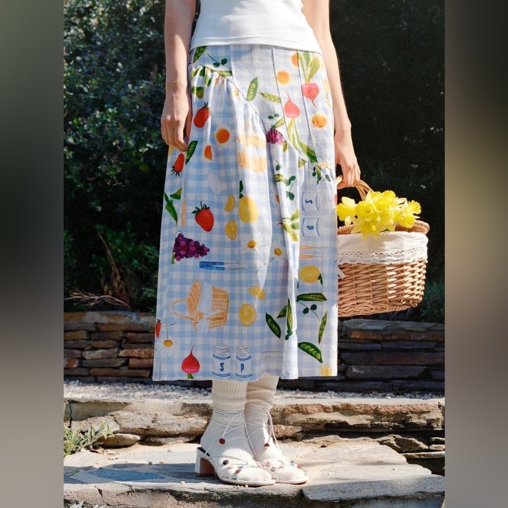 NWT Lisa Says Gah Maeve Midi Skirt Picnic Alfresco Gingham Blue Fruit Vegetable